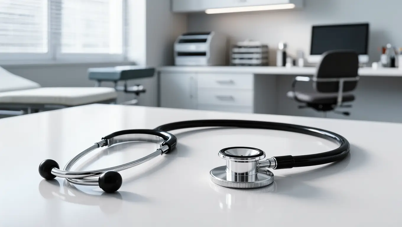 Bližnji posnetek medicinskega stetoskopa, ki leži na beli mizi, z zamegljenim ozadjem sodobne zdravniške ordinacije