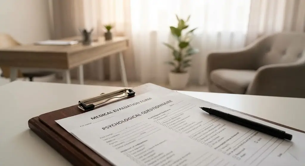 Vprašalnik za psihološko oceno na mizi v ambulanti za zdravniške preglede za orožje - Klinika Omnia