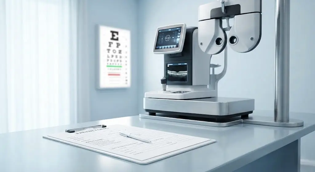 Moderna oprema za pregled vida pri zdravniškem pregledu za voznike v Kliniki Omnia