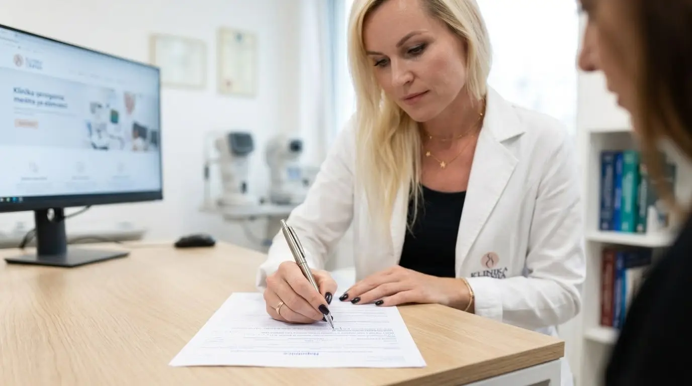 Zdravnica izpolnjuje napotnico za zdravniški pregled za delo obrazec 8.204 ali 8.205