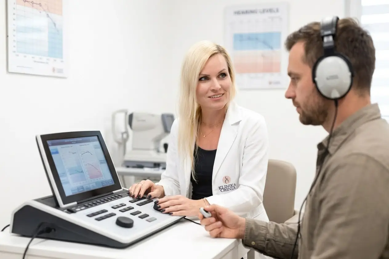 Test sluha pri zdravniškem pregledu za delo pacient uporablja slušalke in audiometer