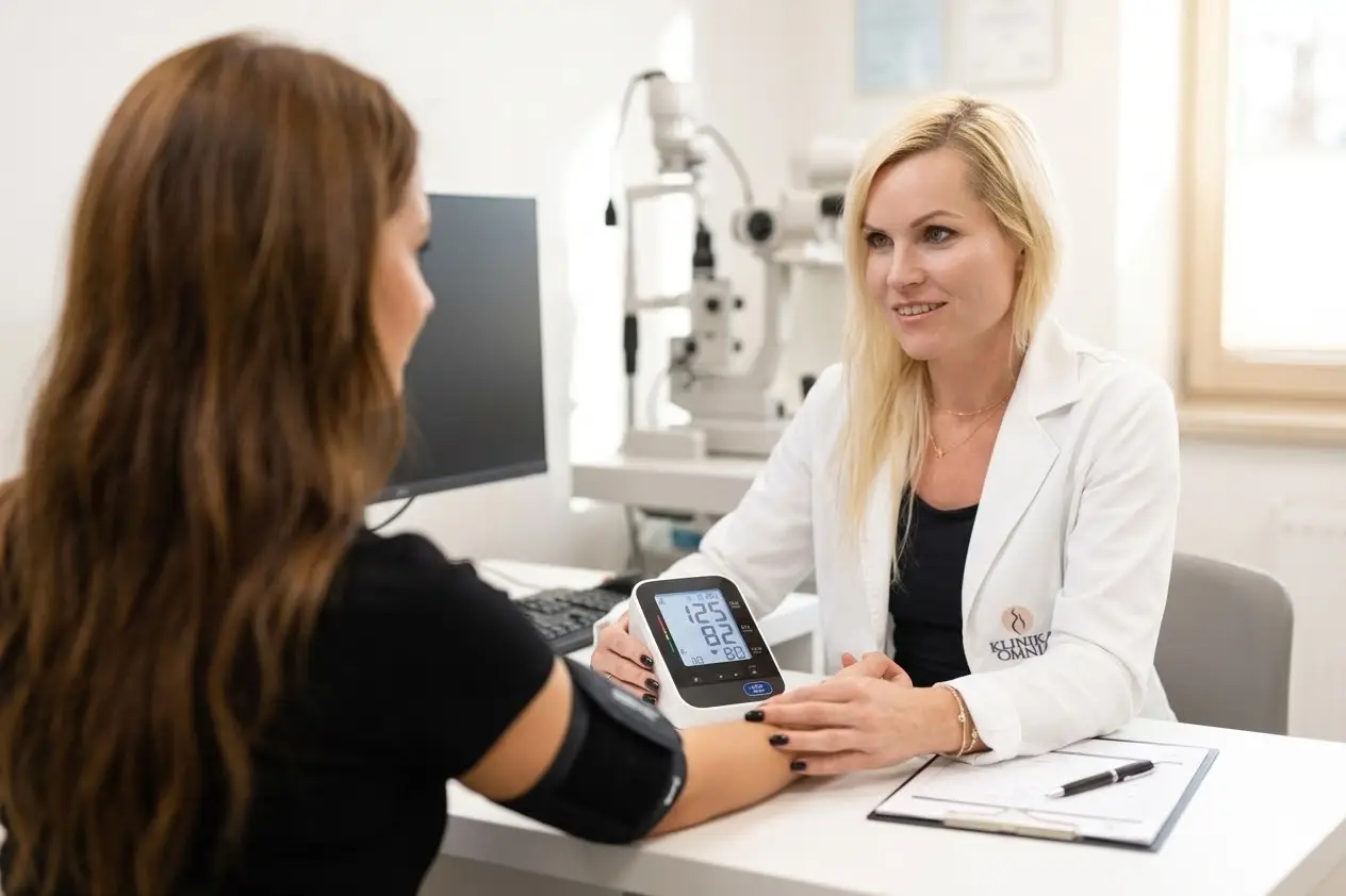 Zdravniški pregled za delo, zdravnica meri krvni tlak pacientki v ambulanti medicine dela