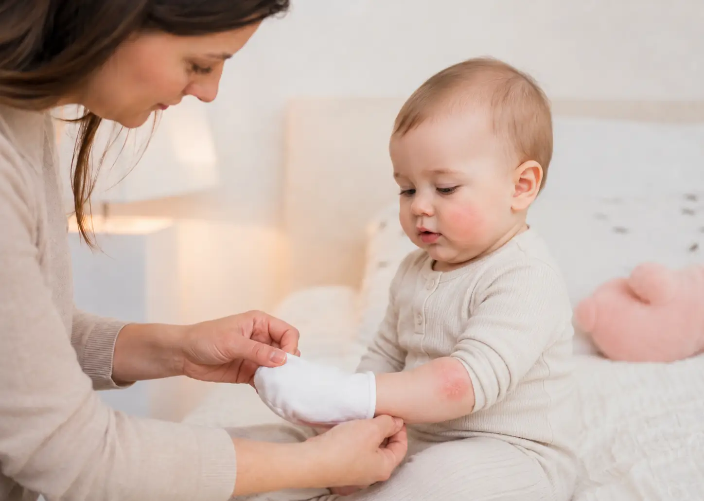 Dojenček z znaki atopijskega dermatitisa na licu in roki med zaščito pred praskanjem