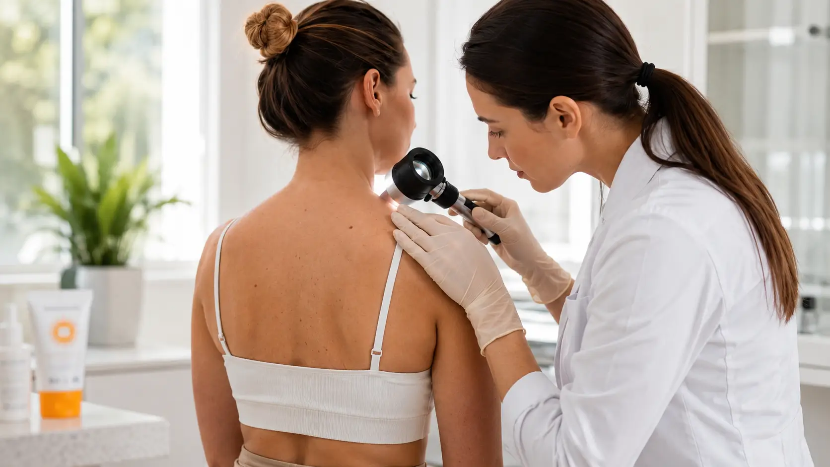 Dermatologinja z dermatoskopom pregleduje kožna znamenja na hrbtu pacientke kot del preventive pred kožnim rakom.