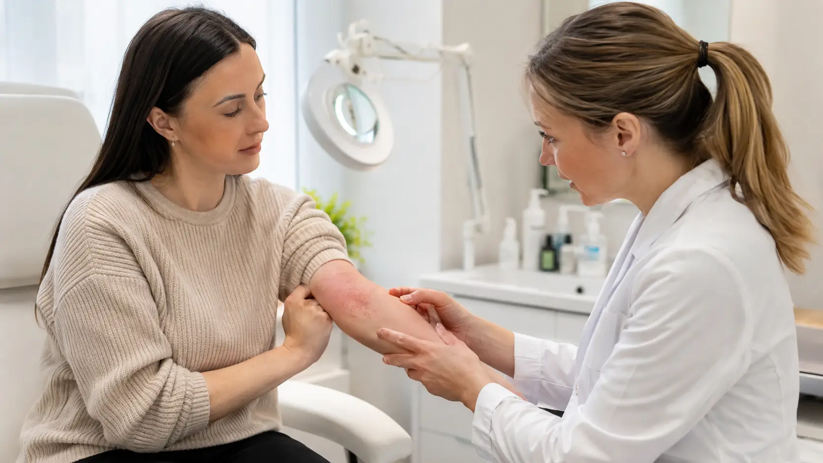 Dermatologinja pregleduje kožni izpuščaj pri pacientki z atopijskim dermatitisom