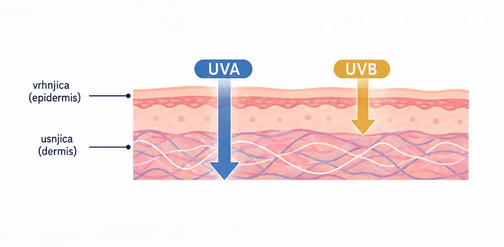 Prikaz razlike med UVA in UVB žarki na prerezu kože, kjer UVA prodre globlje v usnjico, UVB pa deluje predvsem v vrhnjici.