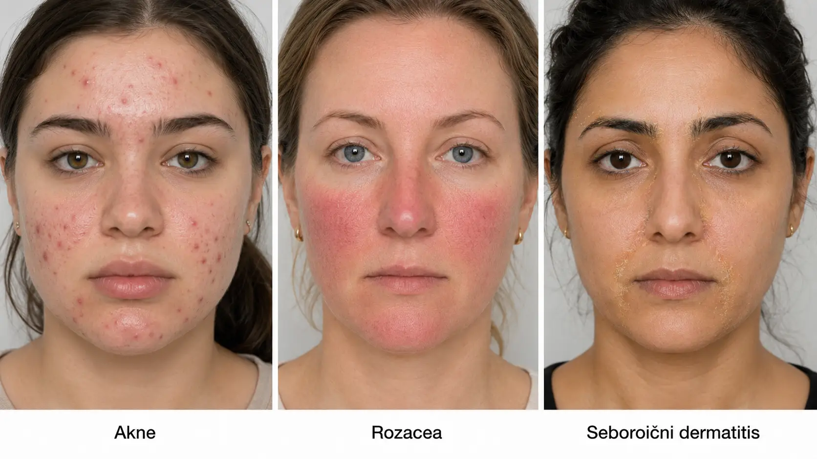 Primerjava kožnih stanj na obrazu: akne, rozacea in seboroični dermatitis pri treh različnih osebah.