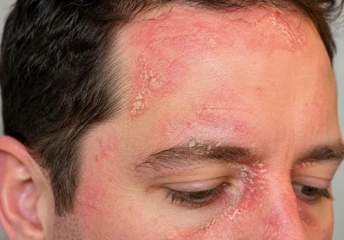 Close-up fotografija seboroičnega dermatitisa na obrazu z rdečico, luščenjem kože ob lasišču, obrveh in nosu.