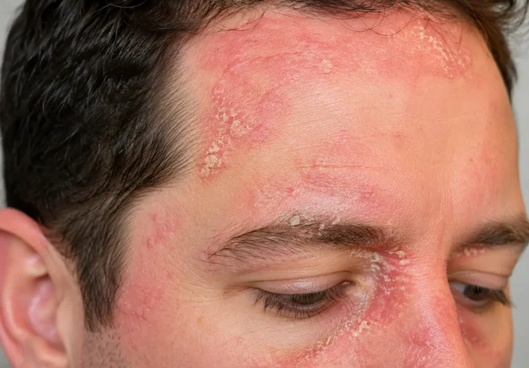 Close-up fotografija seboroičnega dermatitisa na obrazu z rdečico, luščenjem kože ob lasišču, obrveh in nosu.