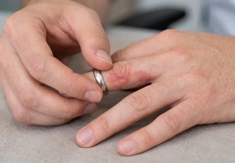 Bližnji posnetek moških rok na mizi. Prstanec nosi srebrn prstan, pod katerim je koža pordela in vneta, kar kaže na kontaktni dermatitis.