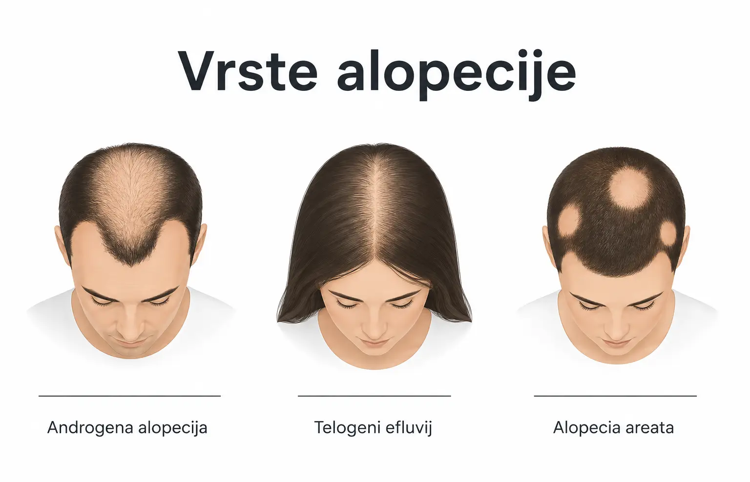 Minimalistična medicinska grafika prikazuje tri vrste alopecije: androgeno alopecijo, telogeni efluvij in alopecijo areato.