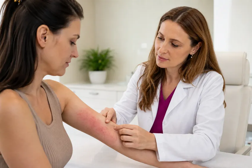 Dermatolog pregleduje kožo pri luskavici v Kliniki OMNIA
